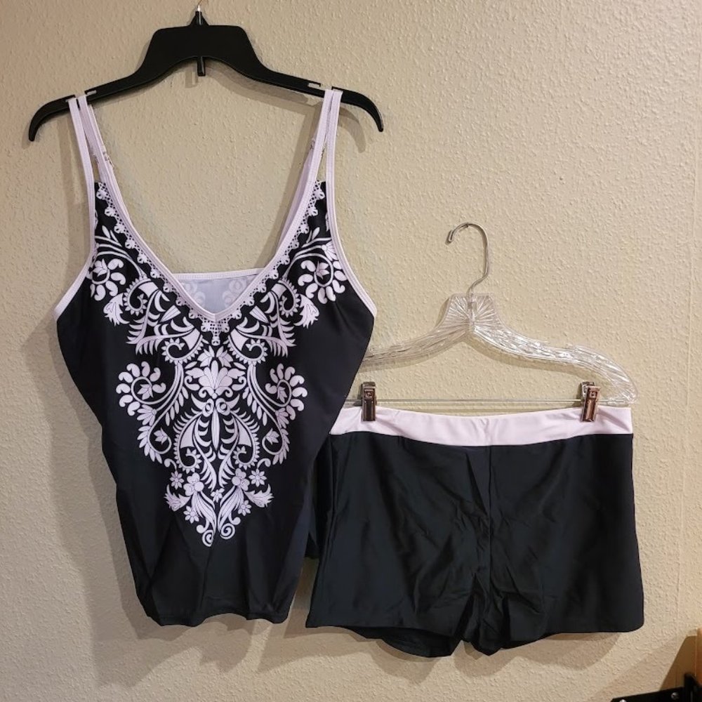 MODLILY® Tribal Print Black Tankini Top w/Mid Waisted Black Swim Shorts
